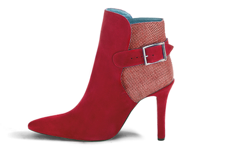 Cardinal red women's ankle boots with buckles at the back. Tapered toe. Very high slim heel. Profile view - Florence KOOIJMAN